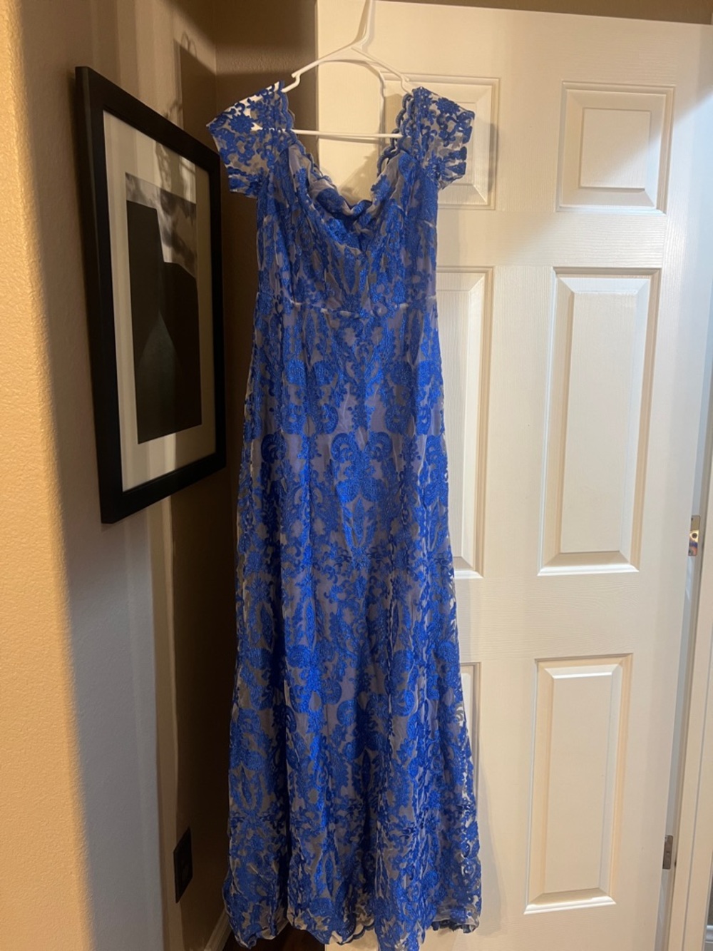 Royal Blue Lace Maxi Dress with Cap Sleeves
